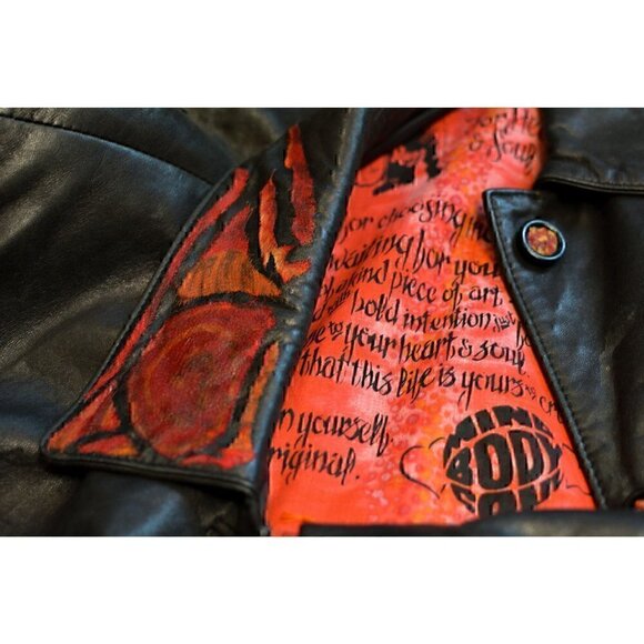 Vintage hand painted leather coat; fire, phoenix, red, gift for her sz L - Picture 7 of 12